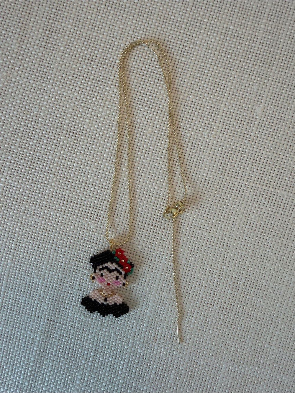 Beaded Frida Khalo Pendant Necklace with Gold Chain
